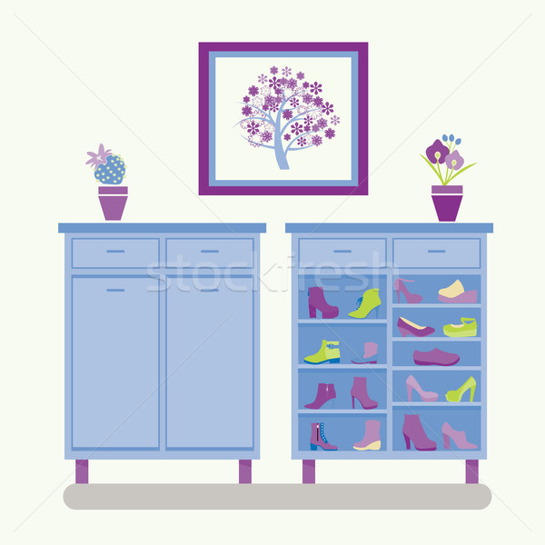 Footwear shoes on shelves of dressing room in flat style. vector