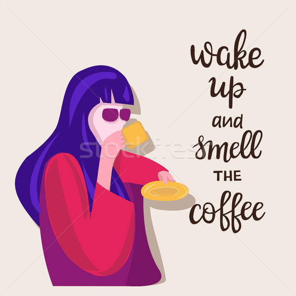 Stock photo: cute girl drinking a cup of coffee and quote lettering