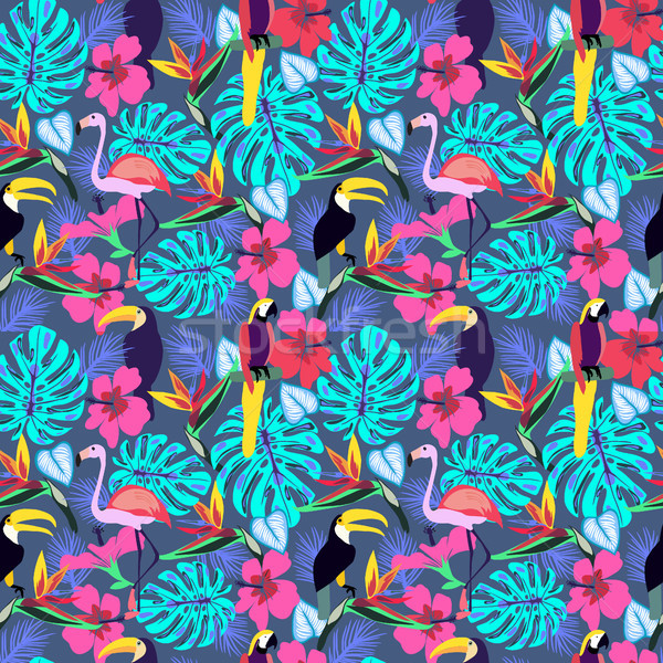 Tropical plants and flowers with toucan, parrot, flamingo Stock photo © Margolana