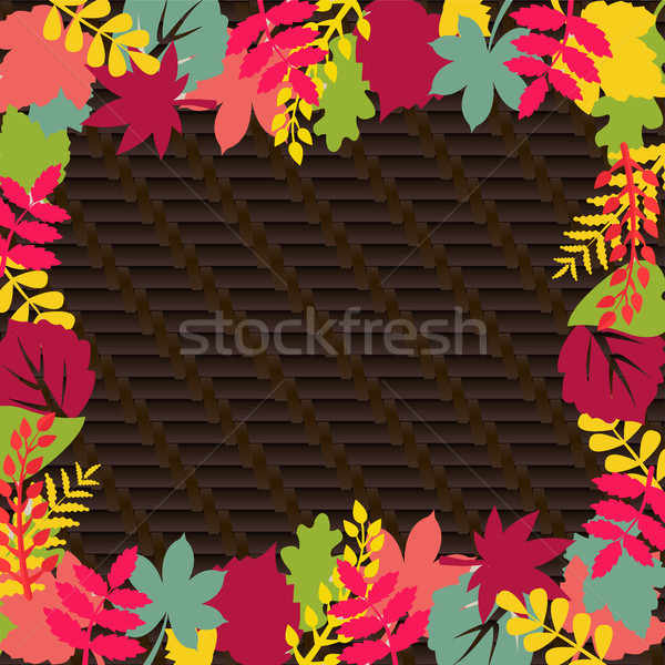 Stock photo: Autumn background with leaves and wooden textured 