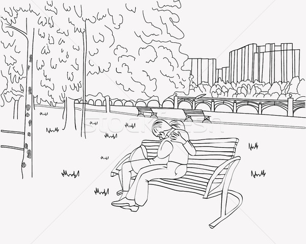 Loving Couple Sitting And Hug On Bench In The Park Vector
