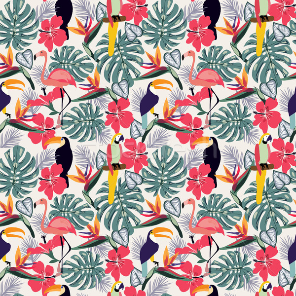 Tropical plants with toucan bird and flowers seamless decorative Stock photo © Margolana