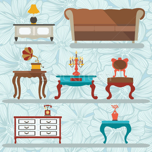 Interior Icons Set in Retro style with a gramophone, tables, sof Stock photo © Margolana