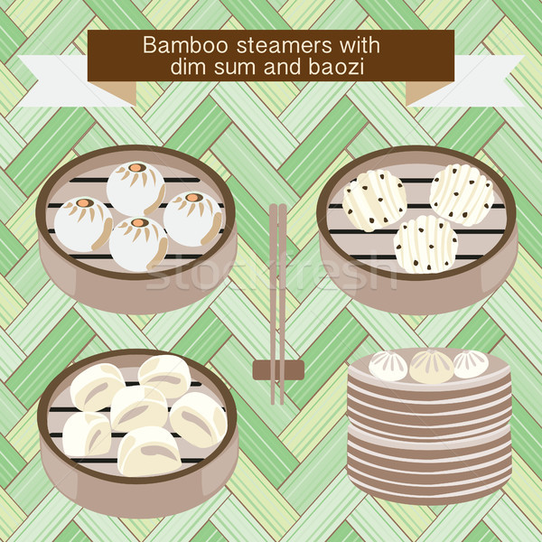 set of Bamboo steamers with dim sum and baozi Stock photo © Margolana