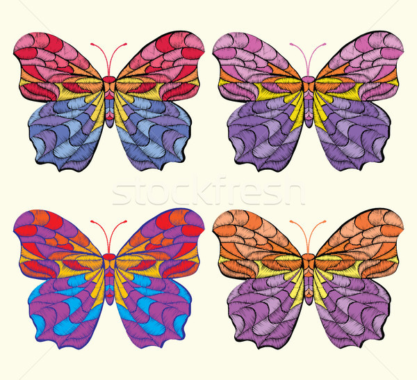 Stockfoto: Ingesteld · borduurwerk · patroon · vlinder · witte · kleding