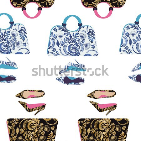 Fashion handbag with high heel shoes textured floral pattern bac Stock photo © Margolana