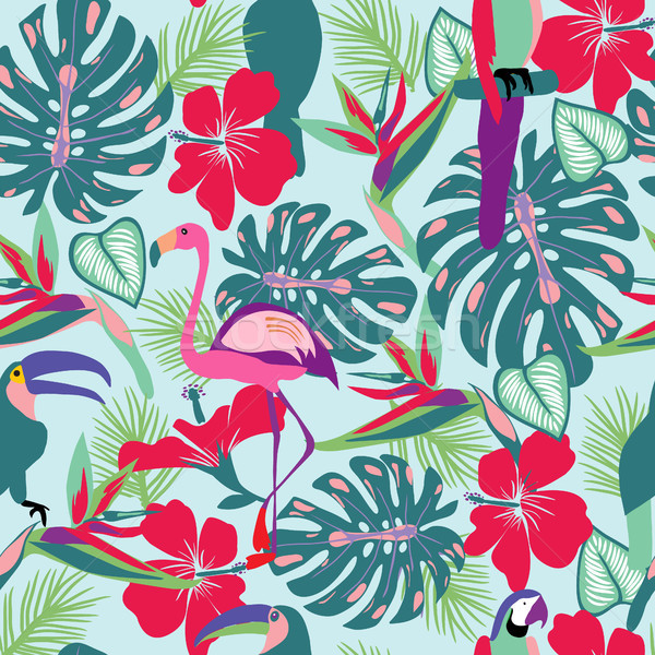 Tropical plants and flowers with toucan, parrot, flamingo birds  Stock photo © Margolana