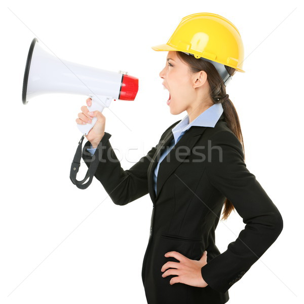 Megafone gritando engenheiro mulher mulher de negócios Foto stock © Maridav
