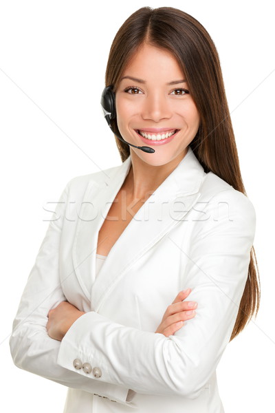 Telemarketing setul cu cască femeie call center zâmbitor fericit Imagine de stoc © Maridav