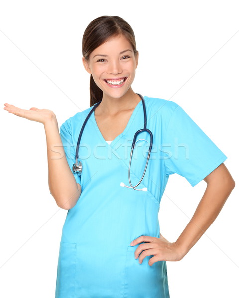 Stockfoto: Verpleegkundige · tonen · exemplaar · ruimte · geïsoleerd · witte · mooie