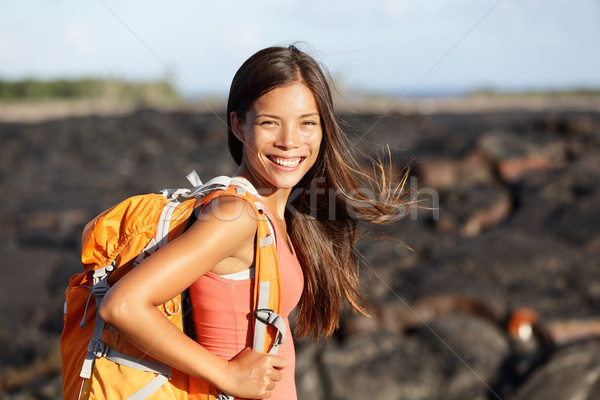 Kirándulás nő természetjáró sétál láva mező Stock fotó © Maridav