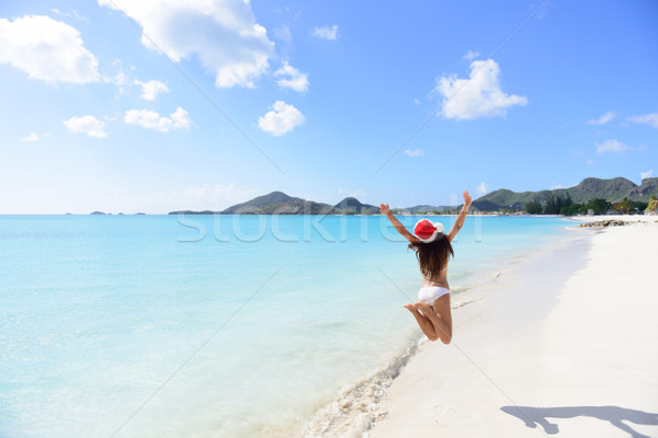 Christmas beach travel vacation woman in Santa hat Stock photo © Maridav