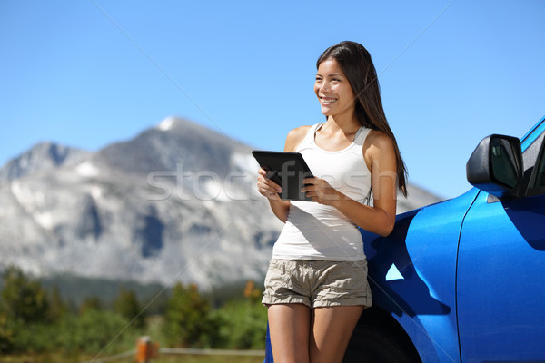 Traveler woman using tablet on Yosemite road trip Stock photo © Maridav