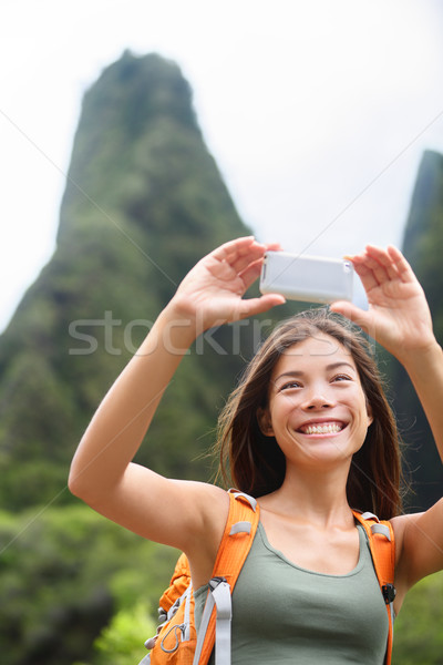 Woman hiker taking selfie photo hiking on Hawaii Stock photo © Maridav