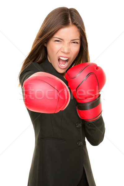 [[stock_photo]]: Femme · d'affaires · boxe · femme · d'affaires · caméra · prêt · lutte