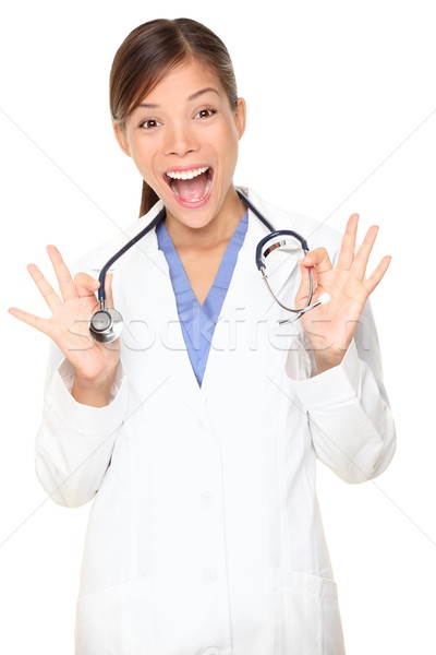 Stock fotó: Orvostanhallgató · fiatal · orvos · mutat · sztetoszkóp · boldog