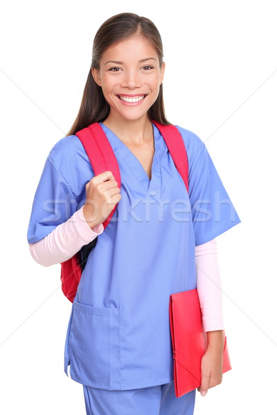 Femeie asistentă femeie zâmbitor rucsac Imagine de stoc © Maridav