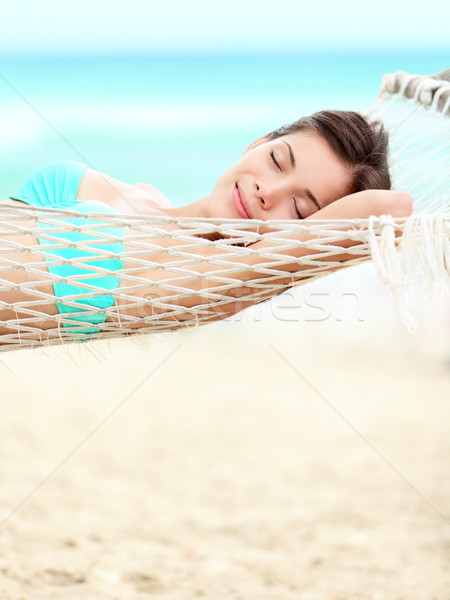 Stock foto: Urlaub · Frau · entspannenden · Strand · Hängematte · Sommer