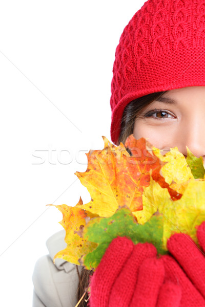 Zdjęcia stock: Jesienią · kobieta · szczęśliwy · kolorowy · spadek · pozostawia