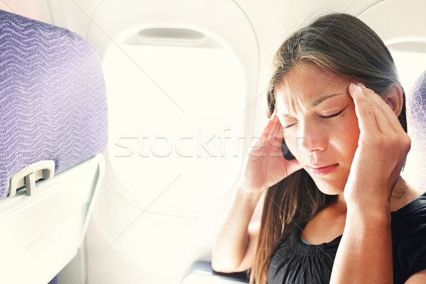 Stock foto: Angst · unter · Frau · Flugzeug · Stress · Kopfschmerzen