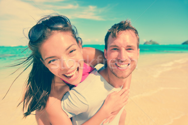 Foto d'archivio: Felice · uomo · piggyback · donna · spiaggia · ritratto