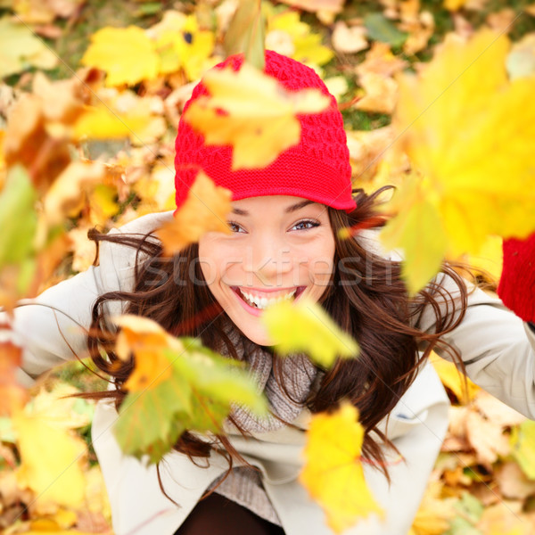 Stock foto: Herbst · Frau · glücklich · farbenreich · fallen · Blätter