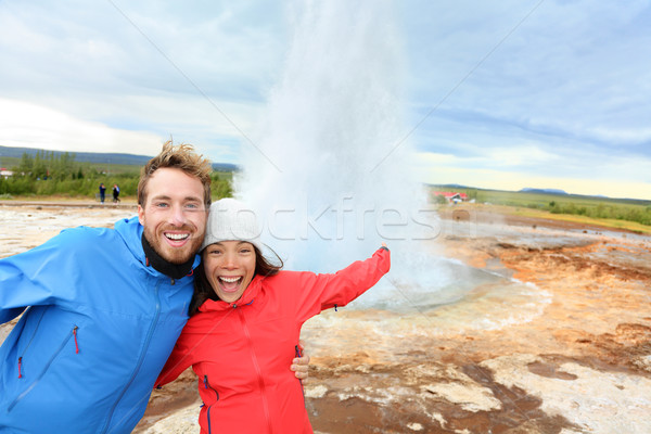 Island Touristen Spaß Geysir glücklich berühmt Stock foto © Maridav