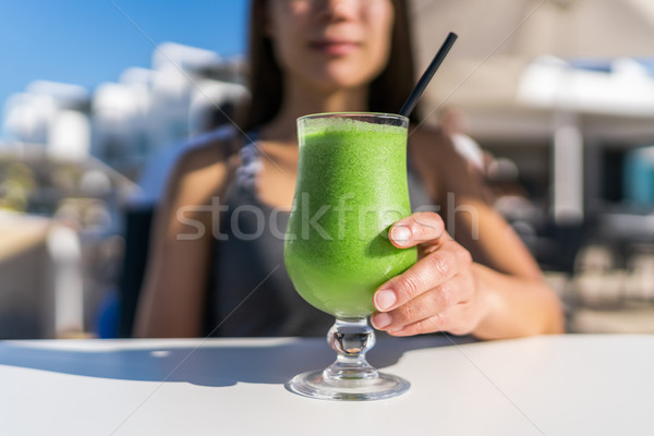 Stockfoto: Vrouw · drinken · cafe · groene · sap