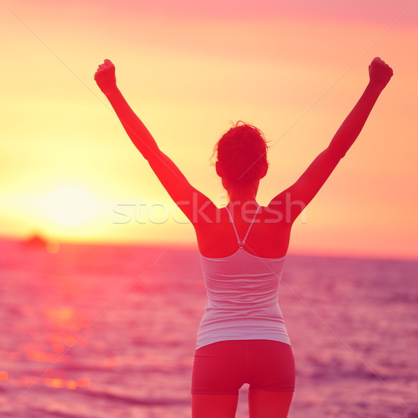 Foto stock: Vida · realização · feliz · mulher · brasão · para · cima