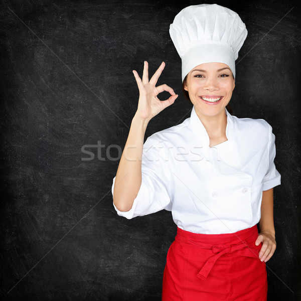 Chef showing Perfect hand sign and menu blackboard Stock photo © Maridav