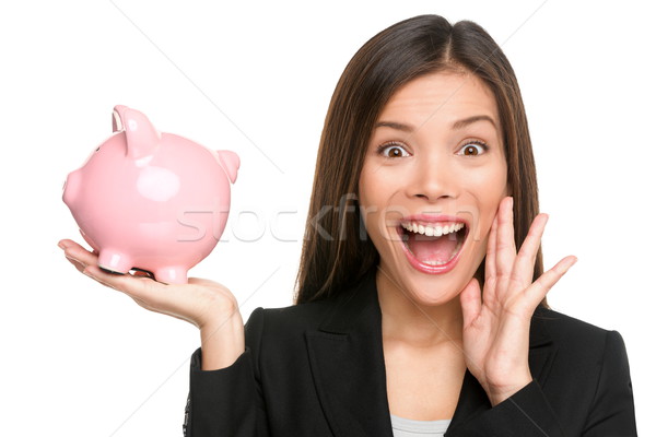 Kobieta banku piggy krzyczeć podniecony Zdjęcia stock © Maridav