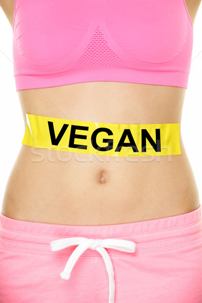 Foto stock: Vegan · dieta · palavra · escrito · mulher · estômago