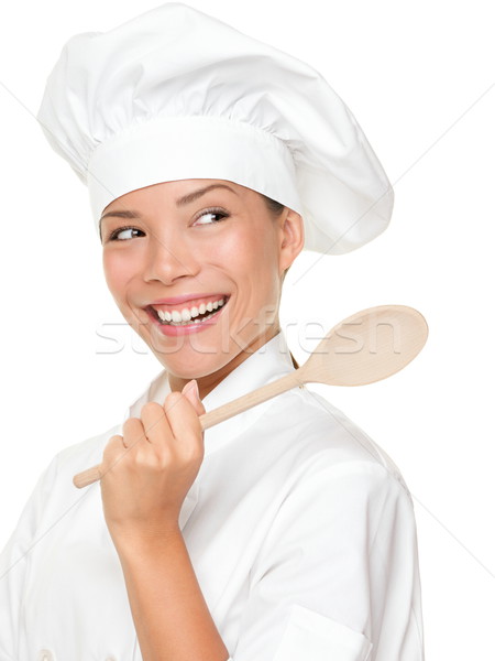 Foto stock: Chef · mujer · sonriente · feliz · cocinar · Baker · mirando