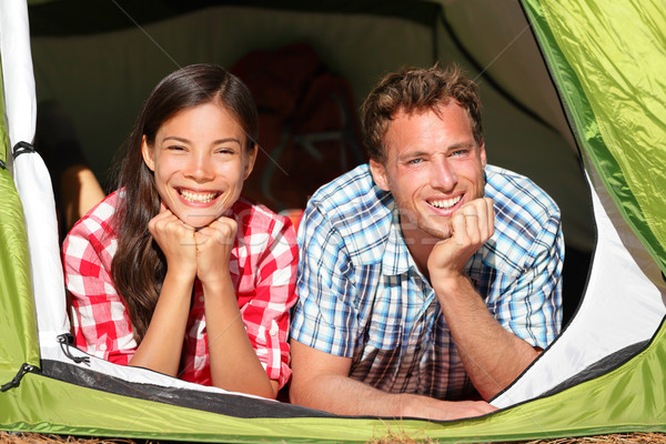 Foto d'archivio: Felice · romantica · Coppia · camping · tenda · guardando