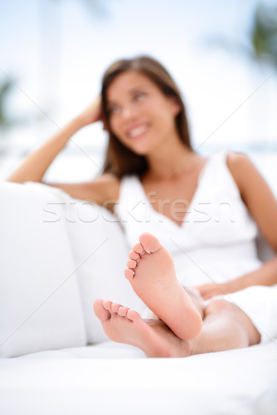 Nő láb mezítláb megnyugtató kanapé közelkép Stock fotó © Maridav