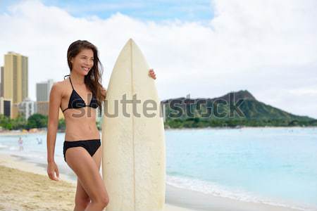 Surfer woman going surfing standing with surfboard Stock photo © Maridav