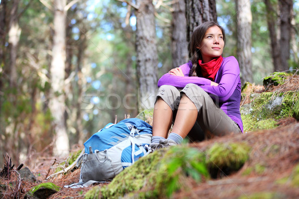 Person hiking - woman hiker sitting in forest Stock photo © Maridav