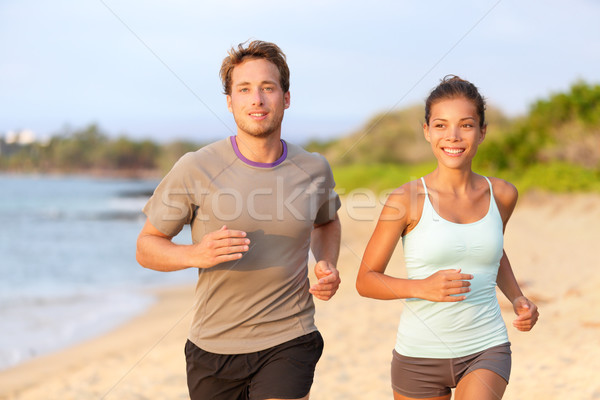 Foto stock: Fitness · casal · corrida · fora · praia · sorridente