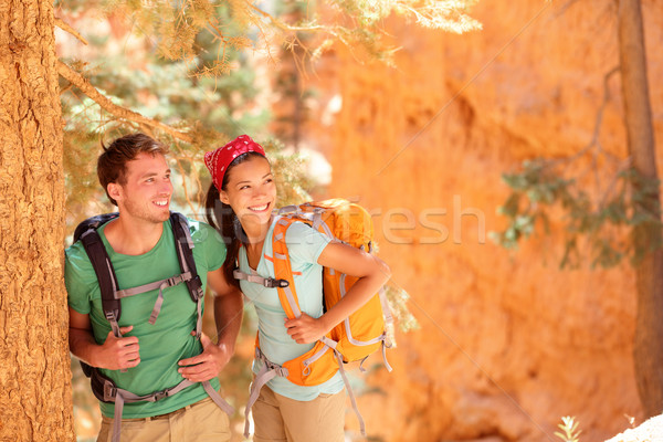 Hiking - young couple of hikers Stock photo © Maridav