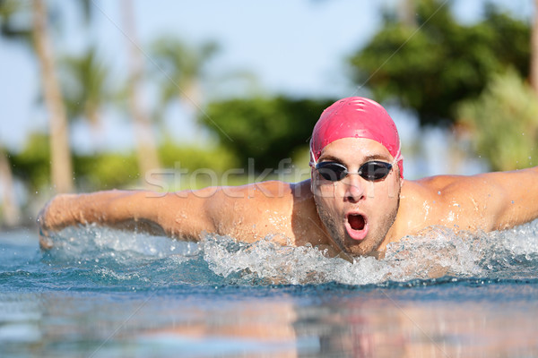 Swimmer man swimming butterfly strokes in pool Stock photo © Maridav
