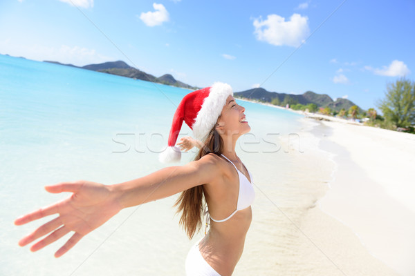 Christmas Santa hat bikini woman on beach vacation Stock photo © Maridav
