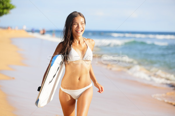 Foto stock: Feliz · playa · personas · mujer · surfista