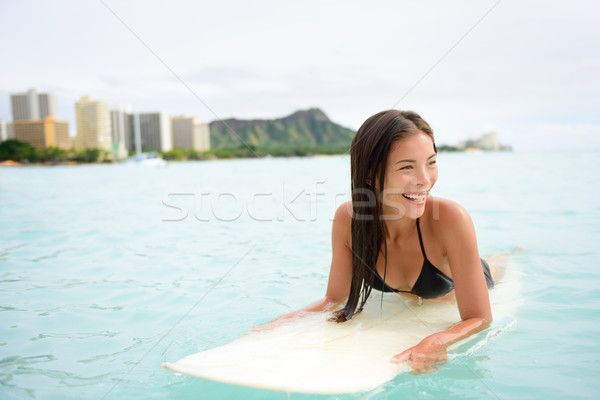 Stock foto: Surfer · Frau · Surfen · Waikiki · Strand · Hawaii