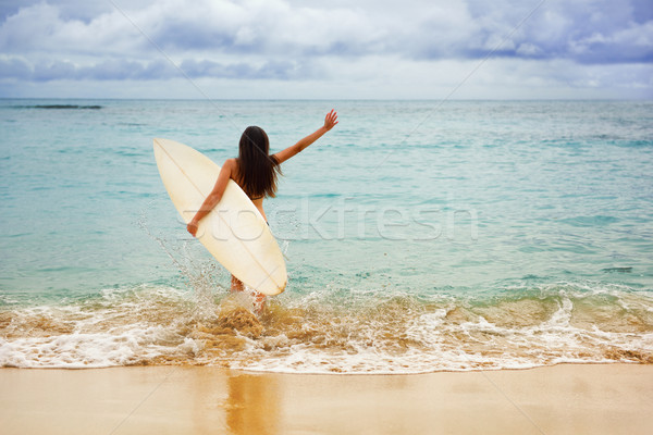 Surfer girl happy cheerful going surfing at beach Stock photo © Maridav