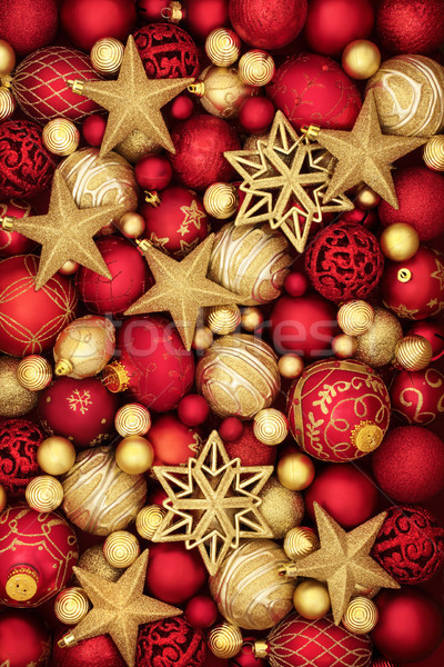 Stockfoto: Christmas · goud · Rood · snuisterij · decoraties · achtergrond