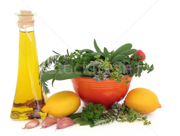 Koken ingrediënten olijfolie knoflook citroen vruchten Stockfoto © marilyna