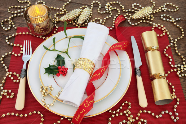 Stock fotó: Luxus · karácsony · asztal · ebédlőasztal · fehér · tányérok