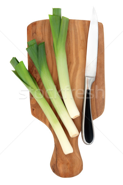 Stock foto: Lauch · Gemüse · Olivenöl · Holz · Schneidebrett · Küche