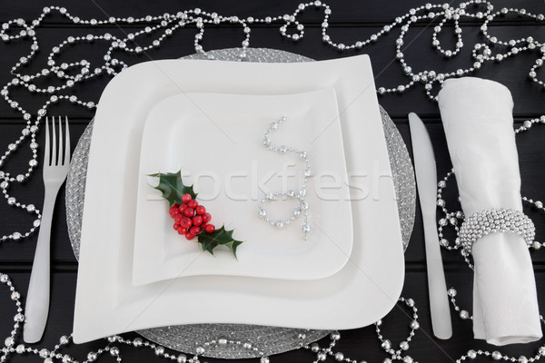 Stock foto: Weihnachten · Abendessen · Stelle · Tisch · weiß · Porzellan