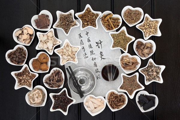 Akupunktúra tűk kínai gyógynövény kalligráfia kézírás Stock fotó © marilyna